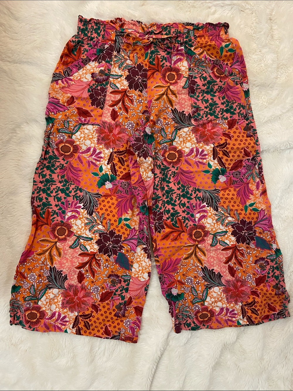 Loft Boho Floral Linen Blend Wide-Leg Pants — Orange & Pink Patchwork - Picture 2 of 7
